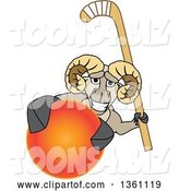 Vector Illustration of a Cartoon Ram Mascot Holding a Stick and Grabbing a Field Hockey Ball by Mascot Junction