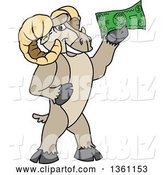 Vector Illustration of a Cartoon Ram Mascot Holding Cash Money by Mascot Junction