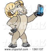Vector Illustration of a Cartoon Ram Mascot Holding out a Smart Phone by Mascot Junction