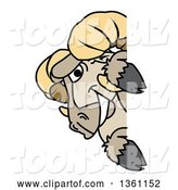 Vector Illustration of a Cartoon Ram Mascot Looking Around a Sign by Mascot Junction