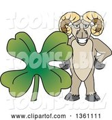 Vector Illustration of a Cartoon Ram Mascot Posing with a St Patricks Day Four Leaf Clover by Mascot Junction
