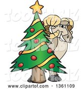 Vector Illustration of a Cartoon Ram Mascot Smiling Around a Christmas Tree by Mascot Junction