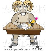 Vector Illustration of a Cartoon Ram Mascot Student Taking a Quiz at a Desk by Mascot Junction