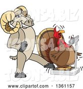 Vector Illustration of a Cartoon Ram Mascot Tricking a Turkey Standing on a Scale by Mascot Junction