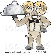 Vector Illustration of a Cartoon Ram Mascot Waiter Holding a Cloche Platter by Toons4Biz