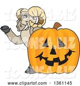 Vector Illustration of a Cartoon Ram Mascot Waving by a Jackolantern by Toons4Biz