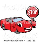 Vector Illustration of a Cartoon Red Convertible Car Mascot Gesturing and Holding a Stop Sign by Mascot Junction