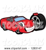 Vector Illustration of a Cartoon Red Convertible Car Mascot Gesturing Ok and Holding a Tire by Mascot Junction