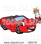 Vector Illustration of a Cartoon Red Convertible Car Mascot Holding a Thumb up and Spark Plug by Mascot Junction