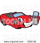 Vector Illustration of a Cartoon Red Convertible Car Mascot Holding and Pointing to a Cell Phone by Toons4Biz