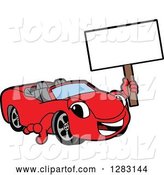 Vector Illustration of a Cartoon Red Convertible Car Mascot Holding up a Blank Sign by Mascot Junction