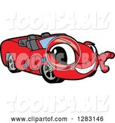 Vector Illustration of a Cartoon Red Convertible Car Mascot Looking Through a Magnifying Glass by Mascot Junction