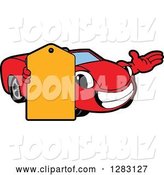 Vector Illustration of a Cartoon Red Convertible Car Mascot Presenting and Holding a Price Tag by Mascot Junction