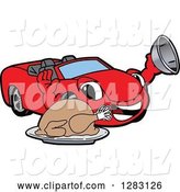 Vector Illustration of a Cartoon Red Convertible Car Mascot Serving a Thanksgiving Turkey by Mascot Junction