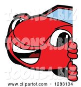 Vector Illustration of a Cartoon Red Convertible Car Mascot Smiling Around a Sign by Mascot Junction