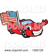 Vector Illustration of a Cartoon Red Convertible Car Mascot Waving and Holding an American Flag by Mascot Junction
