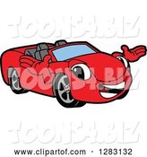 Vector Illustration of a Cartoon Red Convertible Car Mascot Welcoming by Mascot Junction