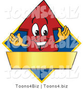 Vector Illustration of a Cartoon Red up Arrow Logo Mascot Above a Blank Gold Banner on a Blue Diamond by Mascot Junction