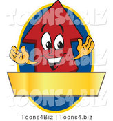 Vector Illustration of a Cartoon Red up Arrow Logo Mascot Above a Blank Gold Banner on a Blue Oval by Mascot Junction