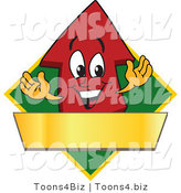 Vector Illustration of a Cartoon Red up Arrow Logo Mascot Above a Blank Gold Banner on a Green Diamond by Mascot Junction