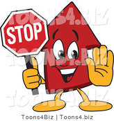 Vector Illustration of a Cartoon Red up Arrow Mascot Holding a Stop Sign by Mascot Junction