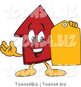 Vector Illustration of a Cartoon Red up Arrow Mascot Holding a Yellow Tag by Mascot Junction