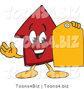 Vector Illustration of a Cartoon Red up Arrow Mascot Holding a Yellow Tag by Toons4Biz