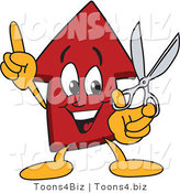 Vector Illustration of a Cartoon Red up Arrow Mascot Holding Scissors by Mascot Junction