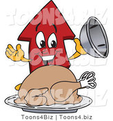 Vector Illustration of a Cartoon Red up Arrow Mascot Serving a Thanksgiving Turkey by Toons4Biz