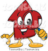 Vector Illustration of a Cartoon Red up Arrow Mascot Using a Magnifying Glass by Mascot Junction
