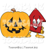 Vector Illustration of a Cartoon Red up Arrow Mascot with a Halloween Pumpkin by Toons4Biz