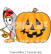 Vector Illustration of a Cartoon Rocket Mascot with a Carved Halloween Pumpkin by Mascot Junction