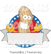 Vector Illustration of a Cartoon Royalty-Free (RF) Clipart Illustration of an American Peanut Mascot Logo with a Blank Banner by Mascot Junction