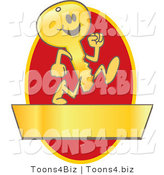 Vector Illustration of a Cartoon Running Gold Key Mascot Logo over a Red Oval and Gold Banner by Toons4Biz