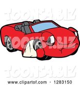 Vector Illustration of a Cartoon Sad Red Convertible Car Mascot with an Arm in a Sling by Mascot Junction