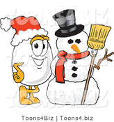 Vector Illustration of a Cartoon Santa Egg Character Standing Beside a Christmas Snowman by Mascot Junction