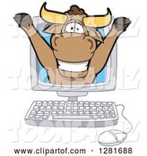 Vector Illustration of a Cartoon School Bull Mascot Cheering out from a Desktop Computer Screen by Mascot Junction