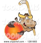 Vector Illustration of a Cartoon School Bull Mascot Holding a Field Hockey Stick and Ball by Mascot Junction