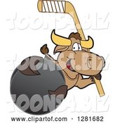 Vector Illustration of a Cartoon School Bull Mascot Holding an Ice Hockey Stick and Puck by Mascot Junction