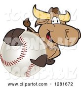Vector Illustration of a Cartoon School Bull Mascot Holding up or Catching a Baseball by Toons4Biz