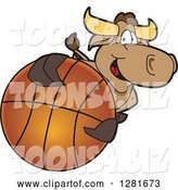 Vector Illustration of a Cartoon School Bull Mascot Holding up or Catching a Basketball by Mascot Junction