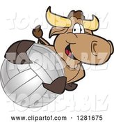 Vector Illustration of a Cartoon School Bull Mascot Holding up or Catching a Volleyball by Mascot Junction