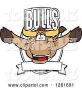 Vector Illustration of a Cartoon School Bull Mascot Leaping out of a Shield and Banner by Mascot Junction