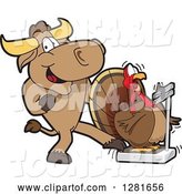Vector Illustration of a Cartoon School Bull Mascot Making a Thanksgiving Turkey Bird Think He Weighs More on a Scale by Mascot Junction