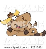Vector Illustration of a Cartoon School Bull Mascot Resting on His Side by Mascot Junction