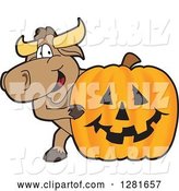 Vector Illustration of a Cartoon School Bull Mascot Smiling Around a Halloween Jackolantern Pumpkin by Mascot Junction