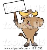 Vector Illustration of a Cartoon School Bull Mascot Standing and Holding a Blank Sign by Mascot Junction