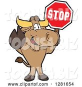 Vector Illustration of a Cartoon School Bull Mascot Standing and Holding a Stop Sign by Mascot Junction