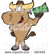 Vector Illustration of a Cartoon School Bull Mascot Standing and Holding Cash by Mascot Junction
