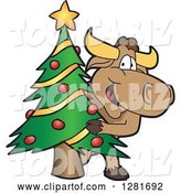 Vector Illustration of a Cartoon School Bull Mascot Standing and Looking Around a Christmas Tree by Toons4Biz
